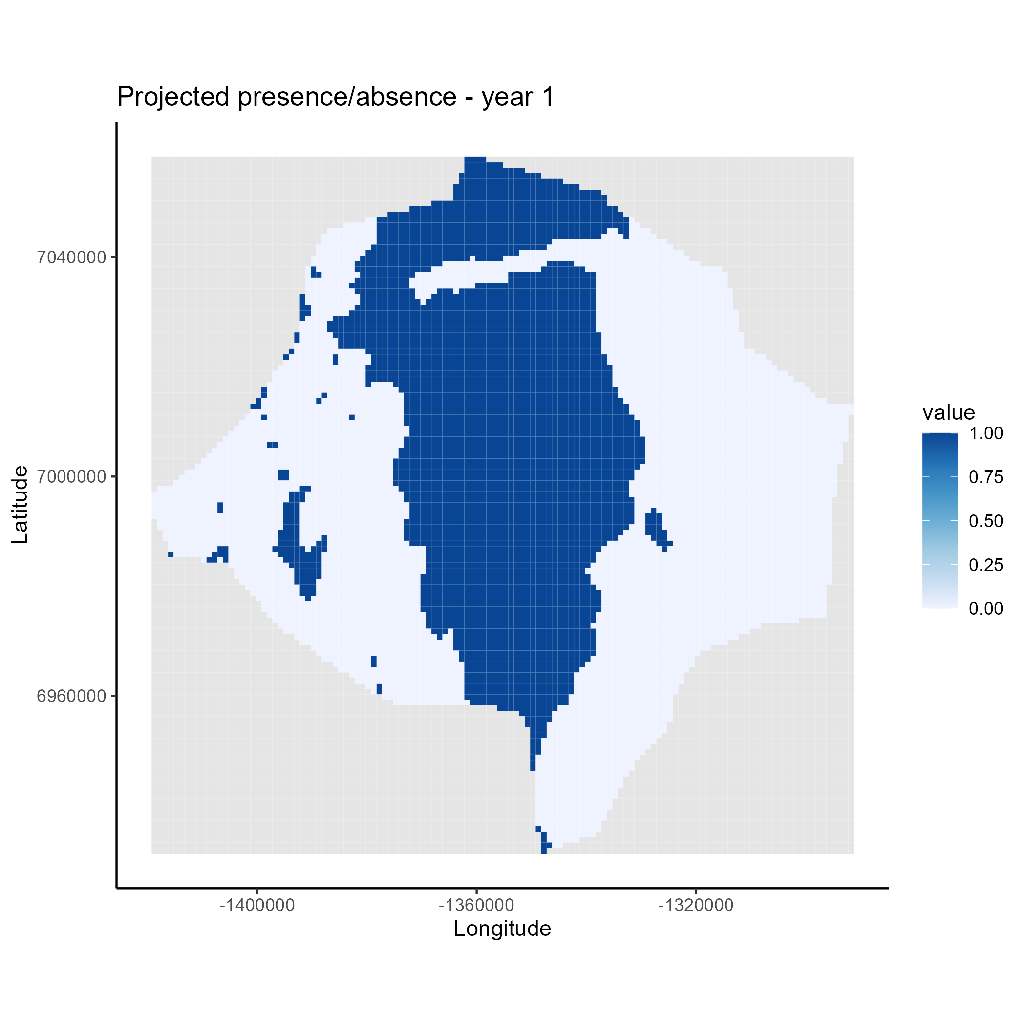 Prediction plots: Predictions of Picea glauca presence/absence under (left to right) baseline climate conditions (first year of simulation), 2021-2040, 2041-2060, 2061-2080 and 2081-2100 climate conditions (second to fifth years of simulation) - using MaxEnt.