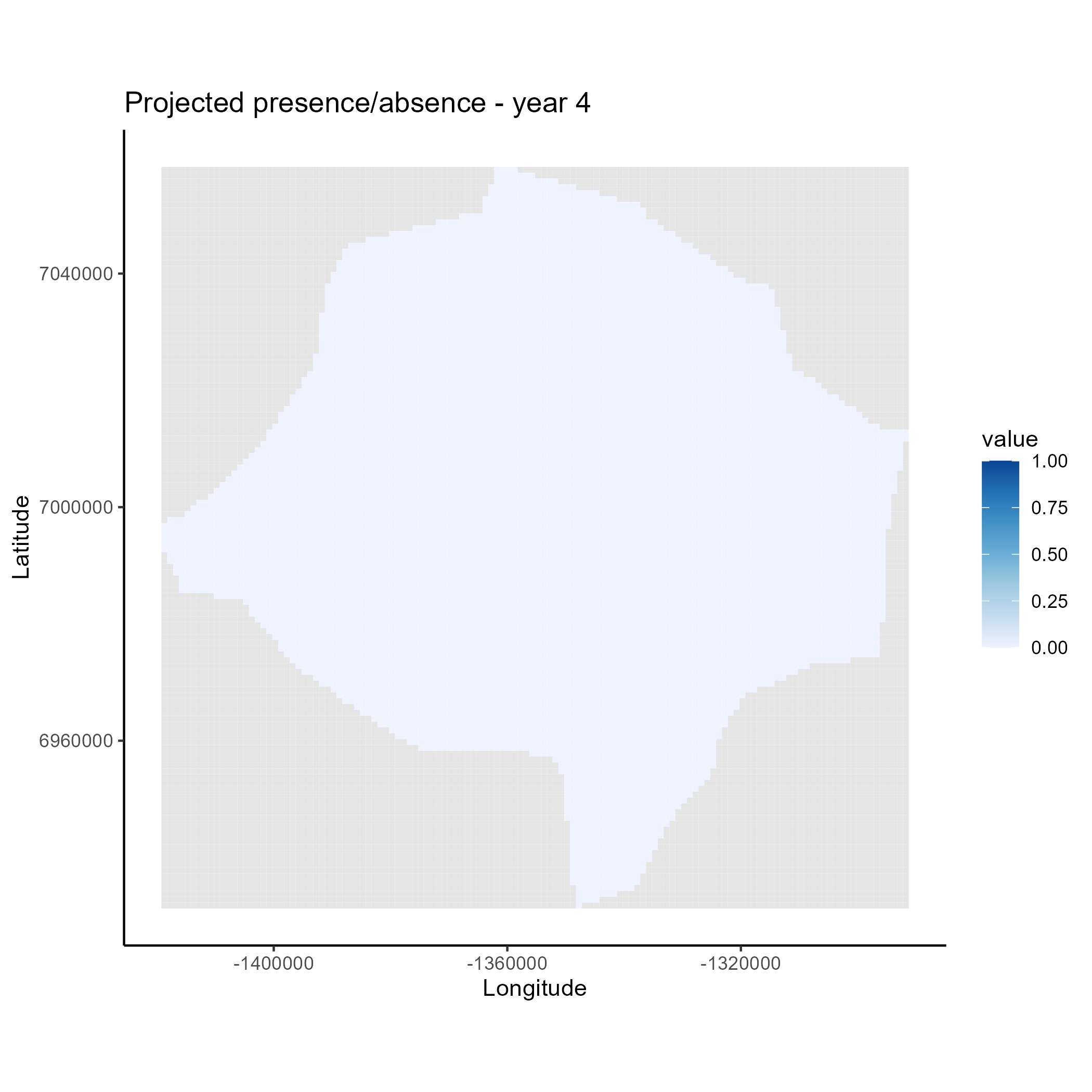 Prediction plots: Predictions of Picea glauca presence/absence under (left to right) baseline climate conditions (first year of simulation), 2021-2040, 2041-2060, 2061-2080 and 2081-2100 climate conditions (second to fifth years of simulation) - using MaxEnt.